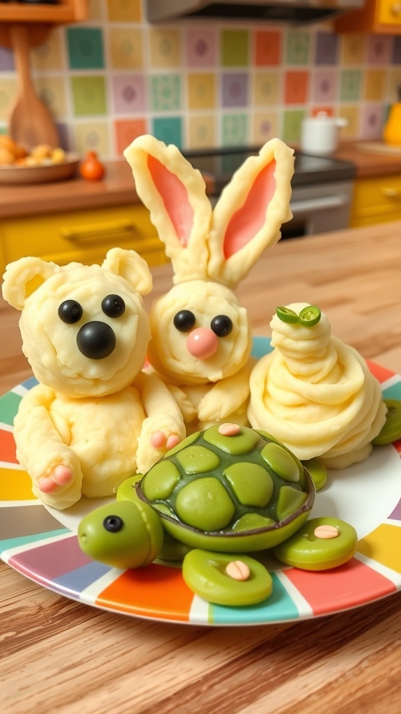 Mashed potato animals shaped like a bear, bunny, and turtle, decorated with olives and peas on a colorful plate.